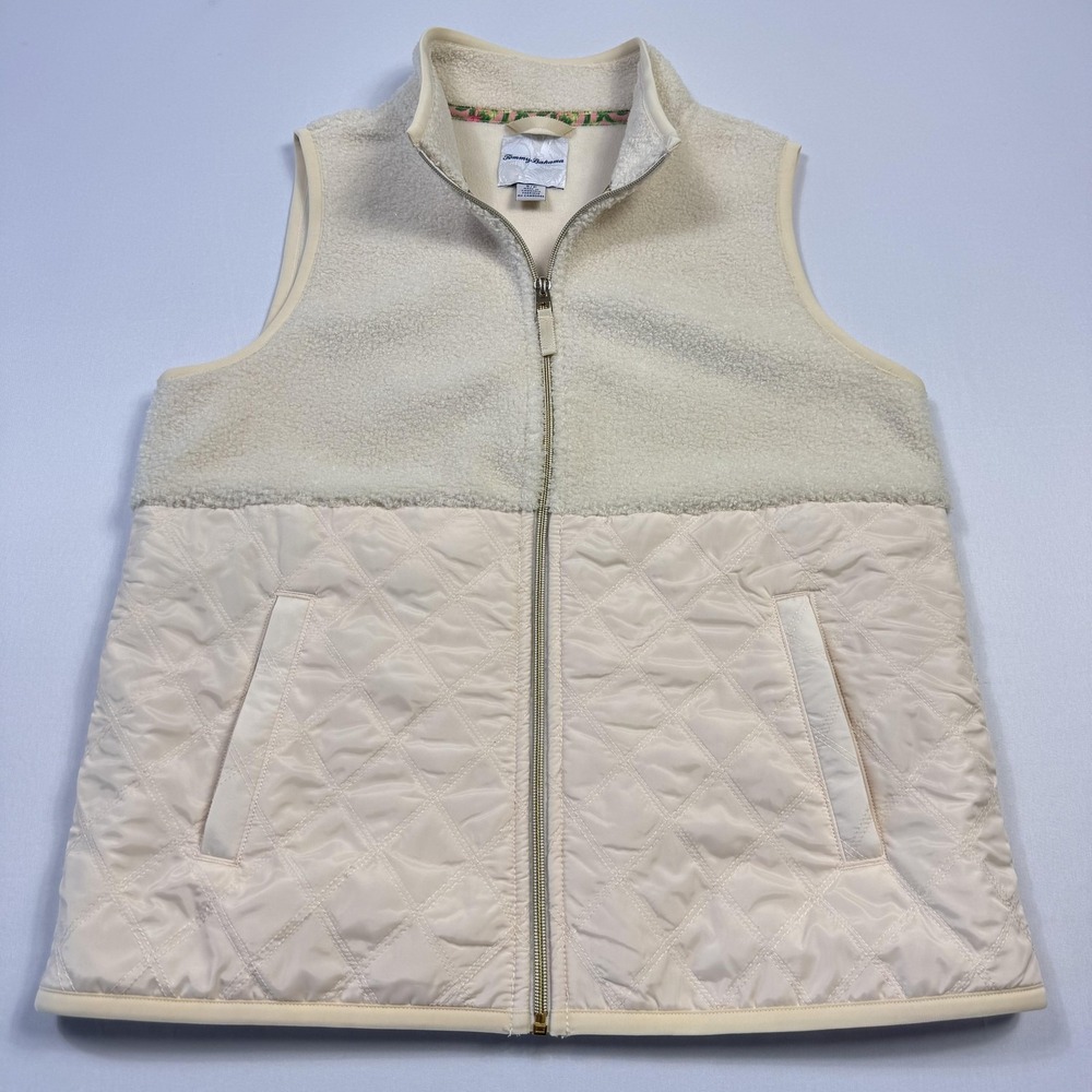 Tommy Bahama Vest Womens Small Cream Sherpa Fleece Quilted Zip Front Puffer